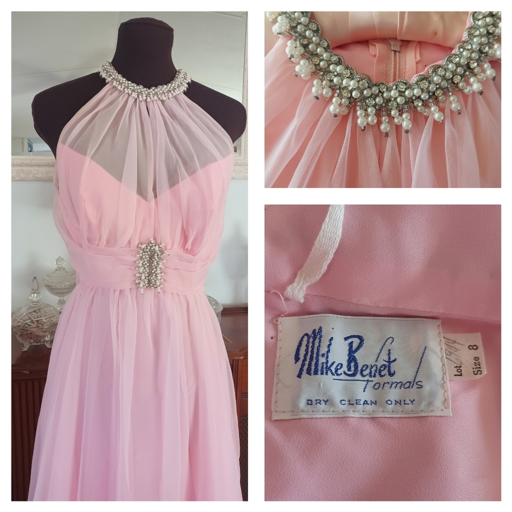 Vintage 70s Mike Benet Pink CHIFFON Evening Gown Dress Sleeveless Rhinestones XS